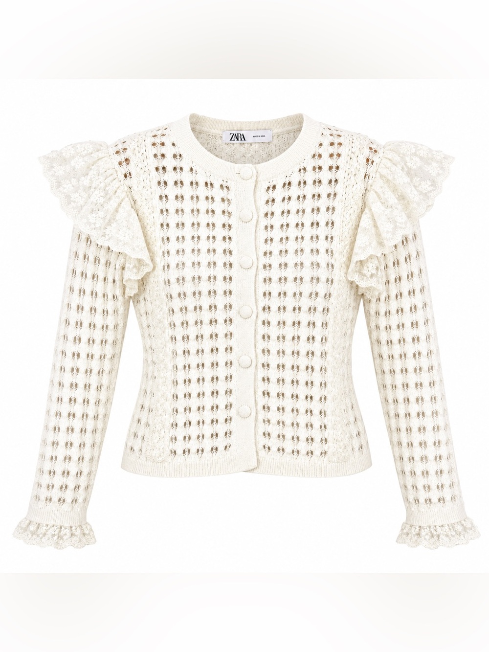 NWT ZARA Crochet Knit Cardigan Sweater Sz Small Cream Lace Button Cottage Boho